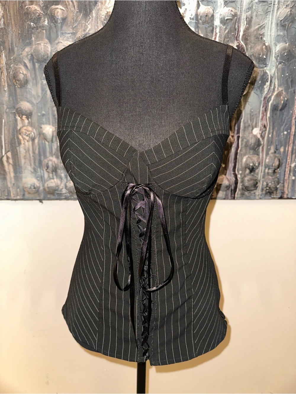 Speechless Med (small) Black Pinstripe Lace-Up Bustier Camisole